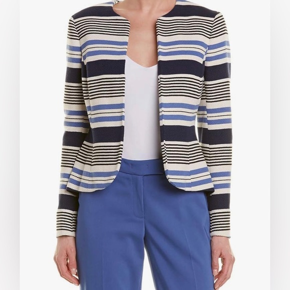Anne Klein Blue and White Striped Collarless Tulip Cotton Blazer Jacket (6) - Picture 2 of 12